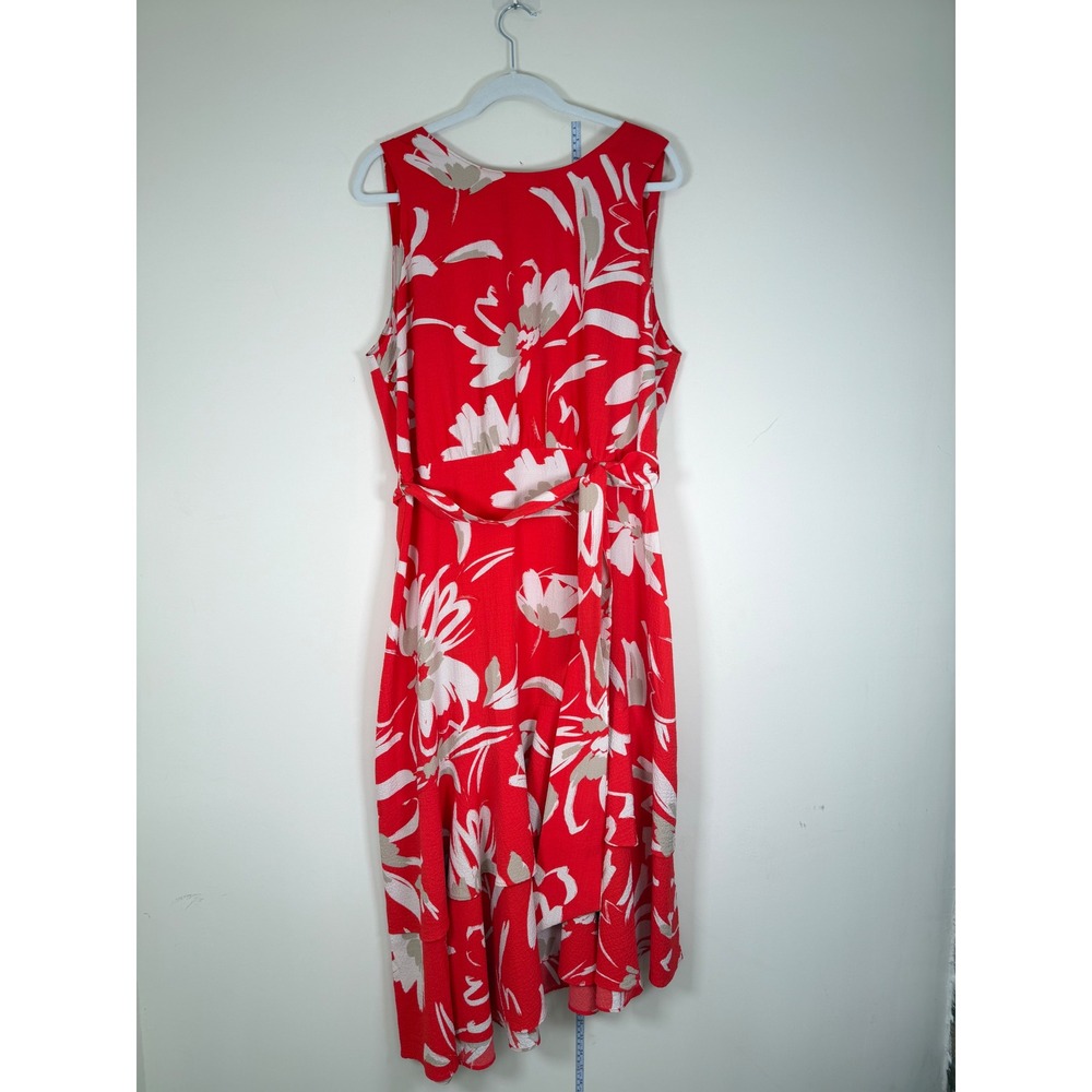 Halston Floral Midi Dress Womens 16 NWT Red Ruffle Sleeveless Belted $139